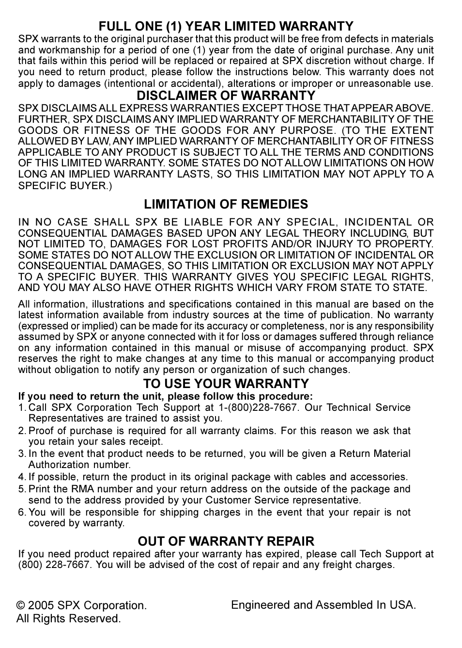 Full one (1) year limited warranty, Disclaimer of warranty, Limitation of remedies | Out of warranty repair | Actron OBD II POCKETSCAN CP9125 User Manual | Page 44 / 44