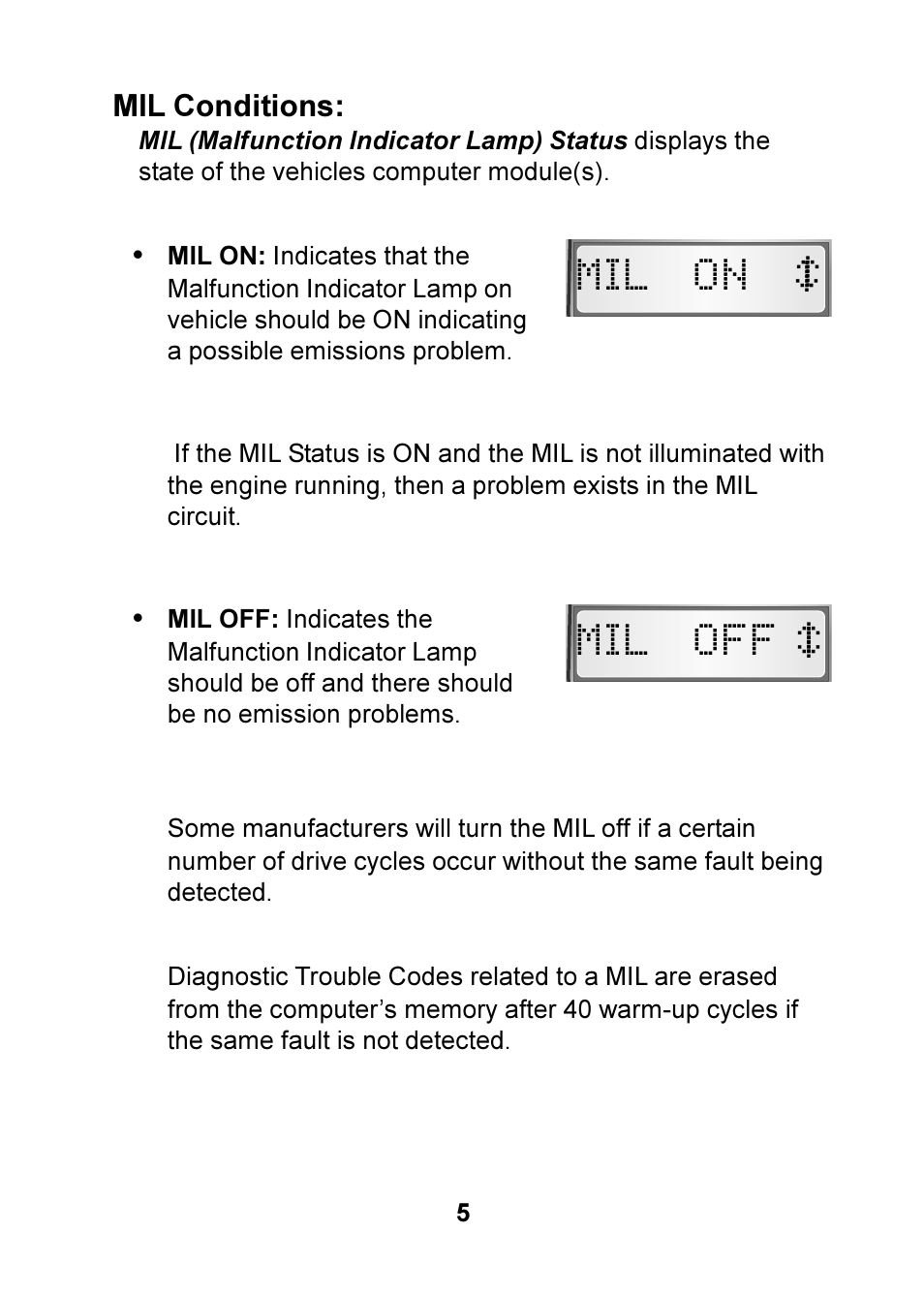 Mil on mil off 9 : 9 | Actron OBD II POCKETSCAN CP9125 User Manual | Page 5 / 44