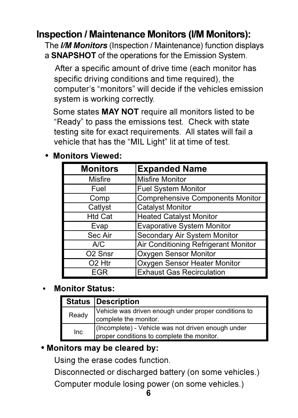 Inspection / maintenance monitors (i/m monitors) | Actron OBD II POCKETSCAN CP9125 User Manual | Page 6 / 44