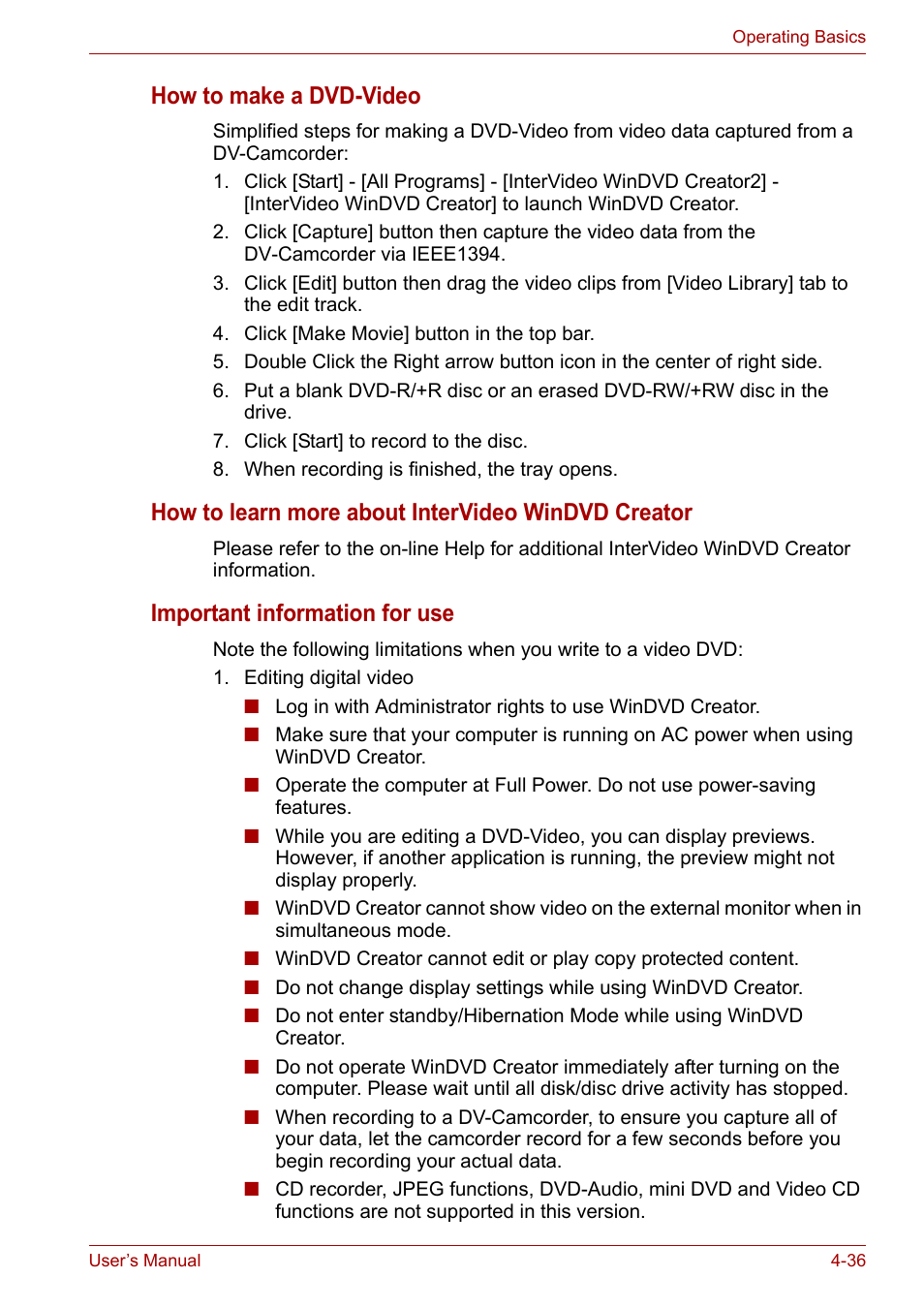 How to make a dvd-video, How to learn more about intervideo windvd creator, Important information for use | Toshiba PORTEGE M400 User Manual | Page 104 / 255