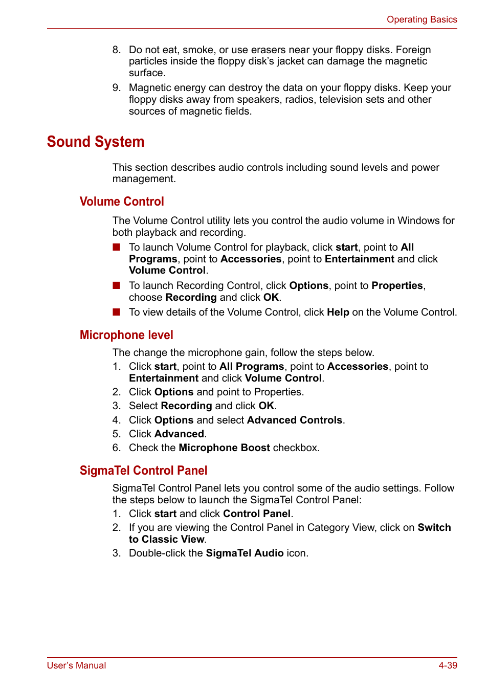 Sound system, Sound system -39, Sound | System, Volume control, Microphone level, Sigmatel control panel | Toshiba PORTEGE M400 User Manual | Page 107 / 255