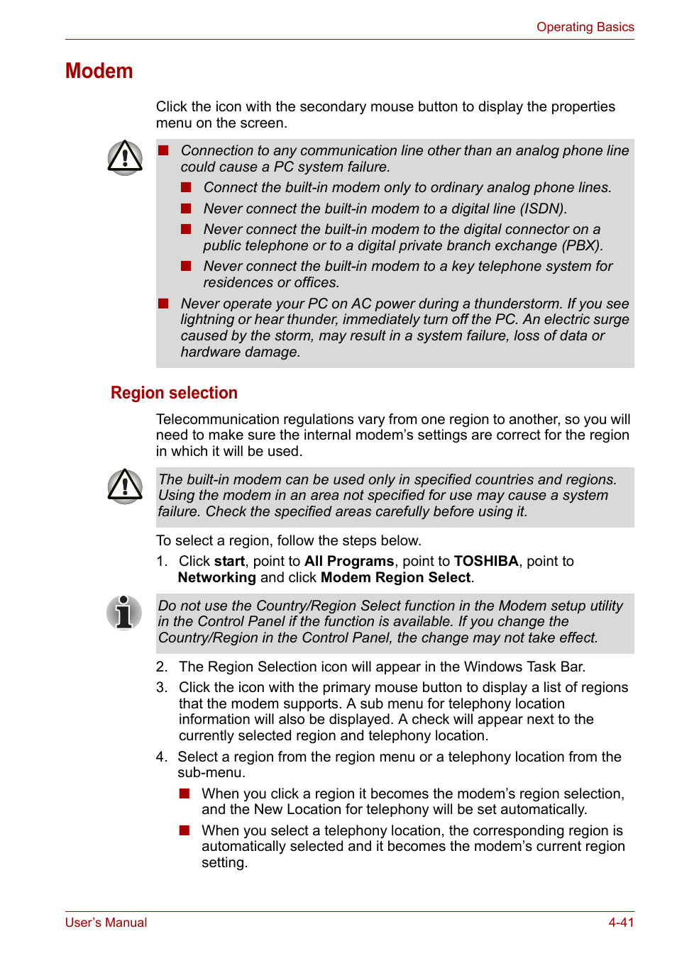 Modem, Modem -41, Region selection | Toshiba PORTEGE M400 User Manual | Page 109 / 255