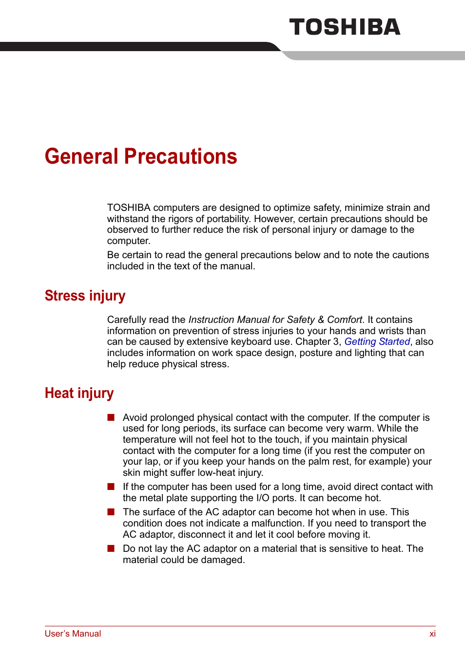 General precautions, Stress injury, Heat injury | Toshiba PORTEGE M400 User Manual | Page 11 / 255