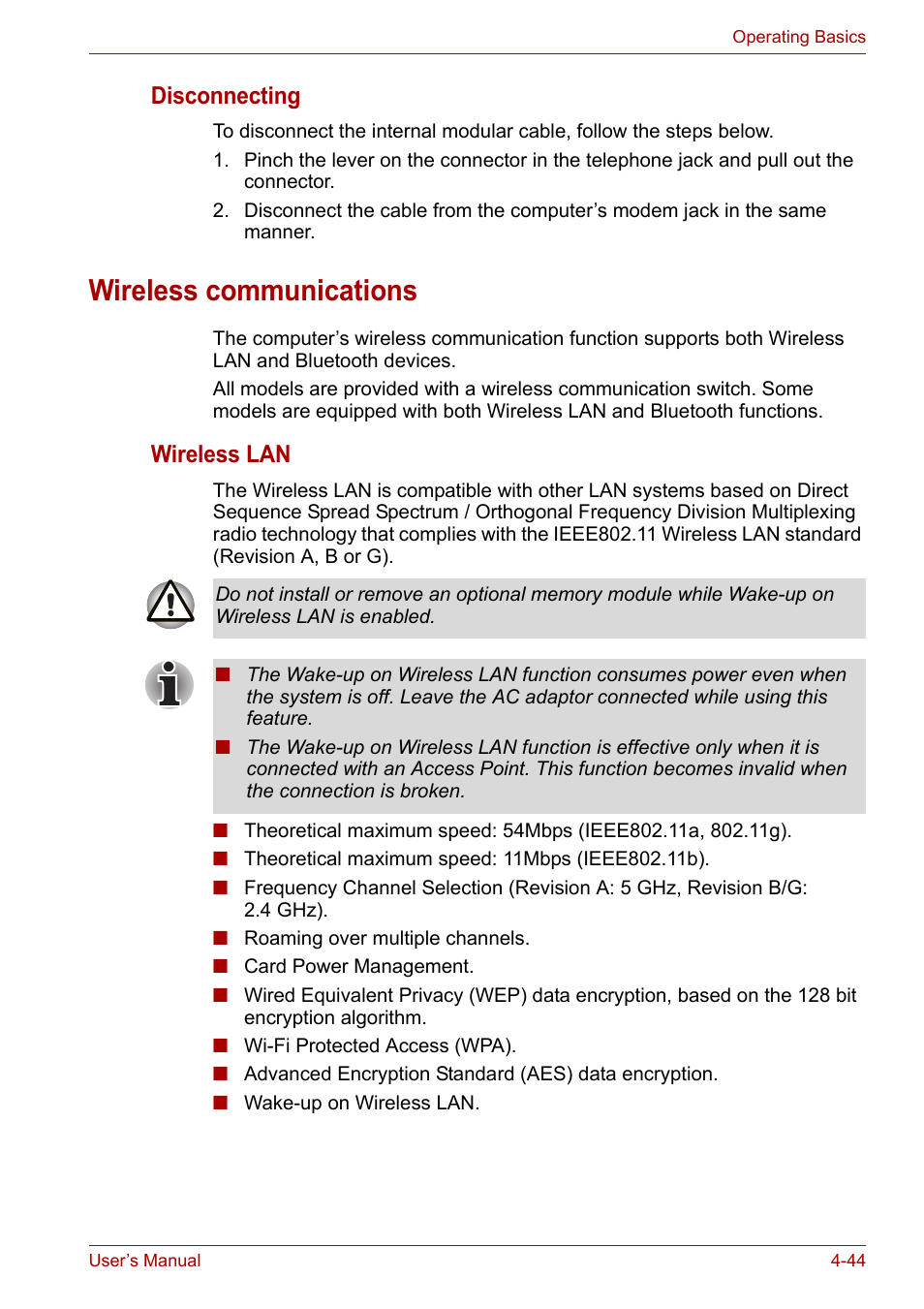 Wireless communications, Wireless communications -44, Disconnecting | Wireless lan | Toshiba PORTEGE M400 User Manual | Page 112 / 255