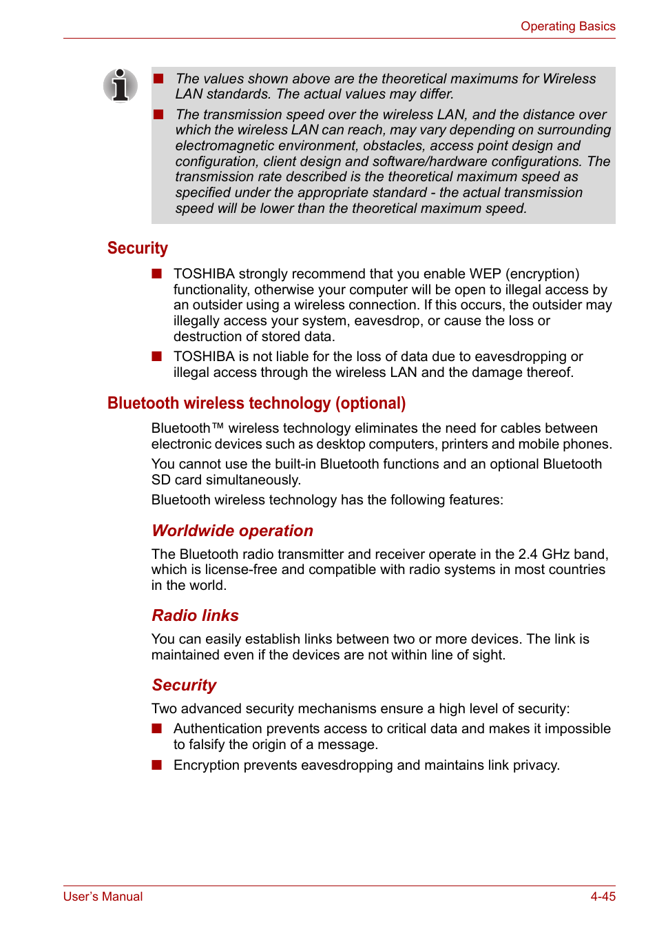 Security, Bluetooth wireless technology (optional) | Toshiba PORTEGE M400 User Manual | Page 113 / 255