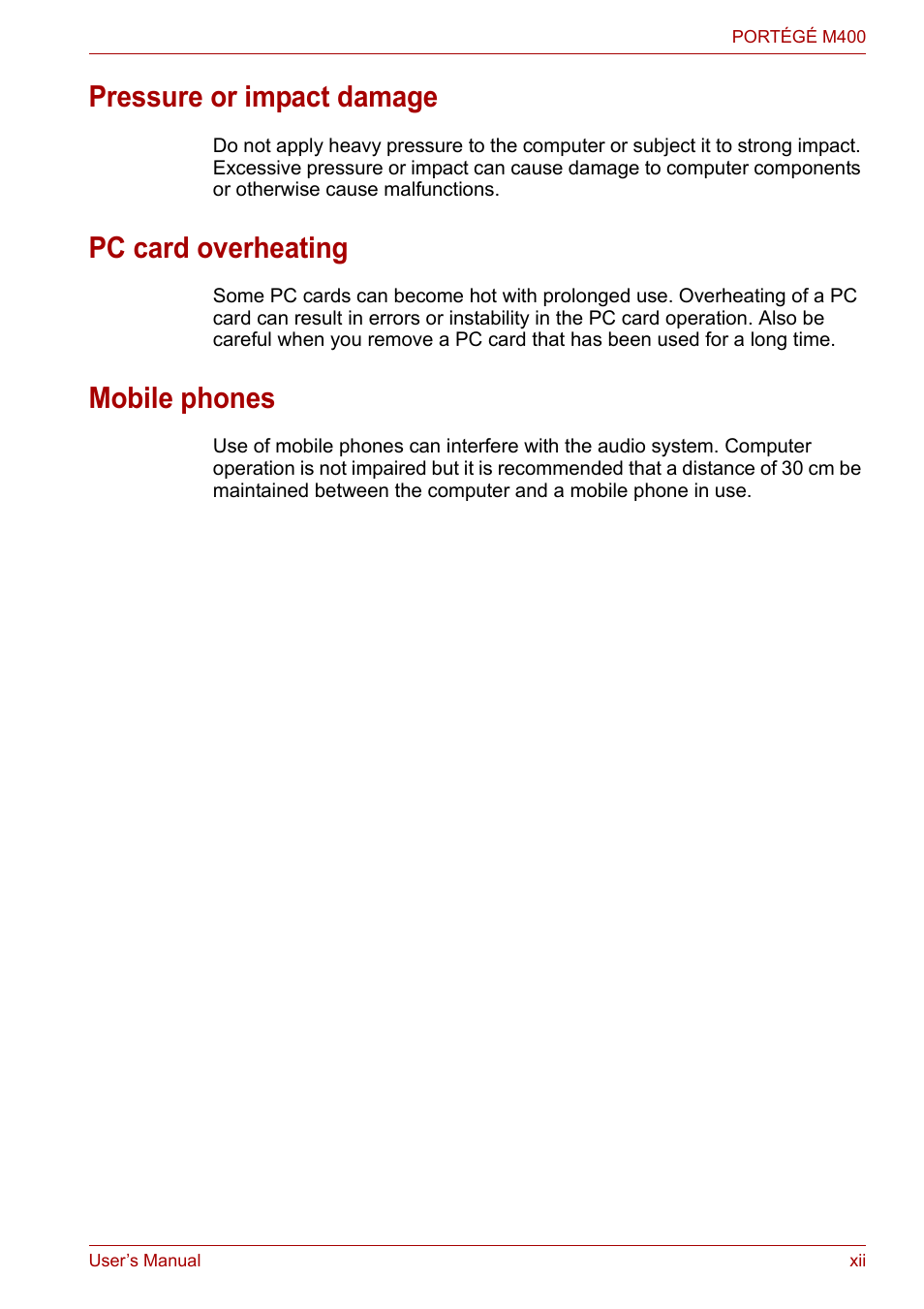 Pressure or impact damage, Pc card overheating, Mobile phones | Toshiba PORTEGE M400 User Manual | Page 12 / 255