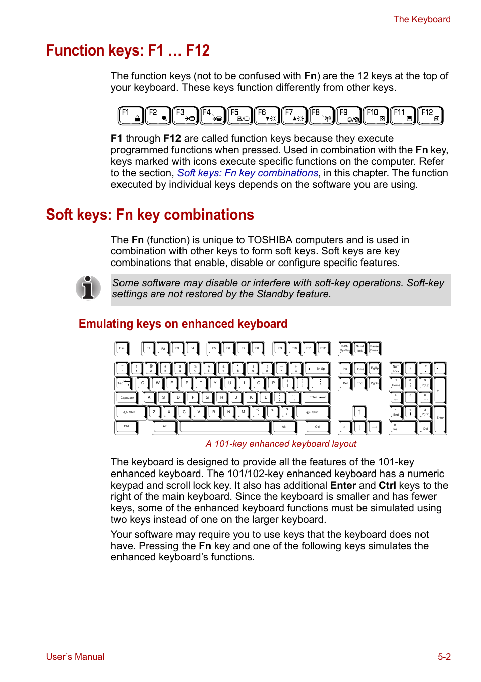 Function keys: f1 … f12, Soft keys: fn key combinations, Emulating keys on enhanced keyboard | User’s manual 5-2 the keyboard, A 101-key enhanced keyboard layout | Toshiba PORTEGE M400 User Manual | Page 123 / 255