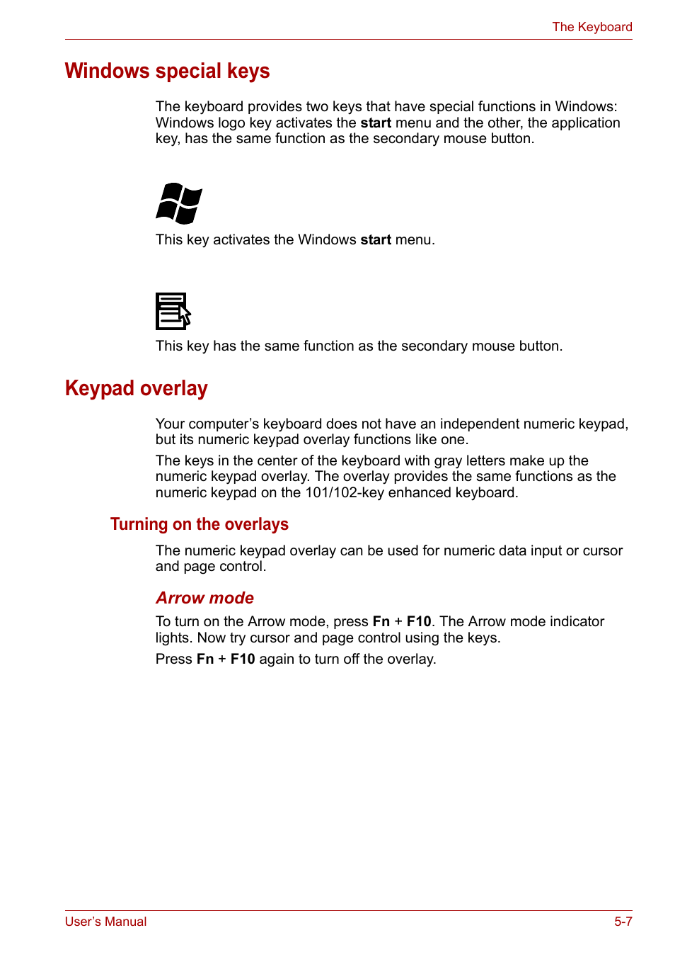 Windows special keys, Keypad overlay, Windows special keys -7 keypad overlay -7 | Keypad, Overlay | Toshiba PORTEGE M400 User Manual | Page 128 / 255