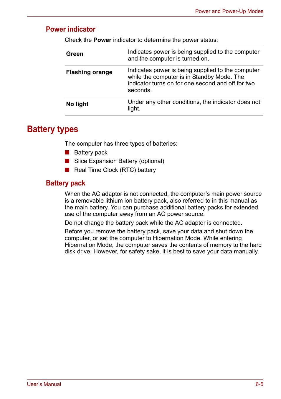 Battery types, Battery types -5, Power indicator | Battery pack | Toshiba PORTEGE M400 User Manual | Page 135 / 255