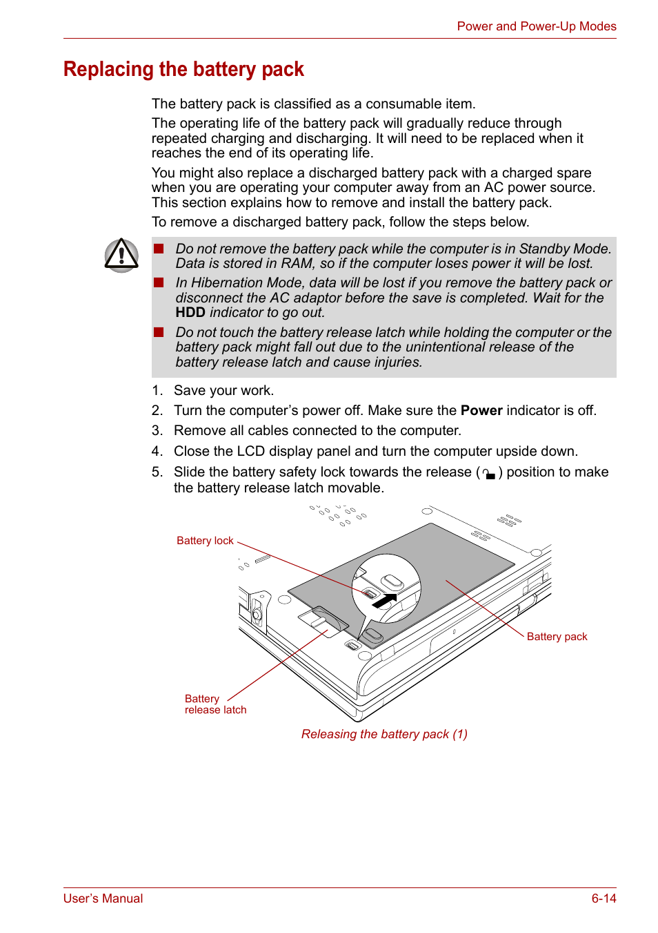 Replacing the battery pack, Replacing the battery pack -14 | Toshiba PORTEGE M400 User Manual | Page 144 / 255