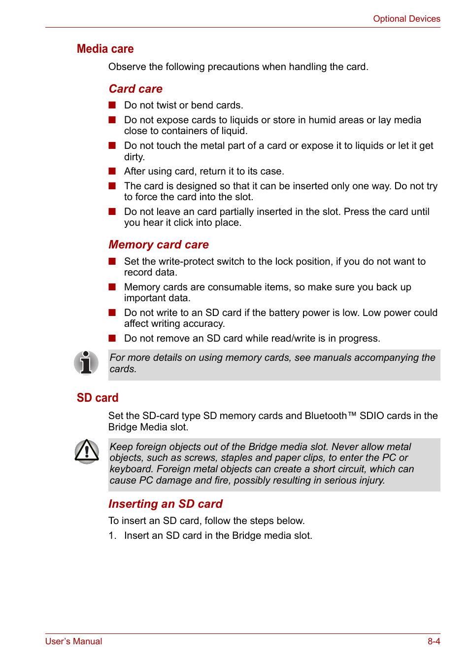 Media care, Sd card | Toshiba PORTEGE M400 User Manual | Page 165 / 255