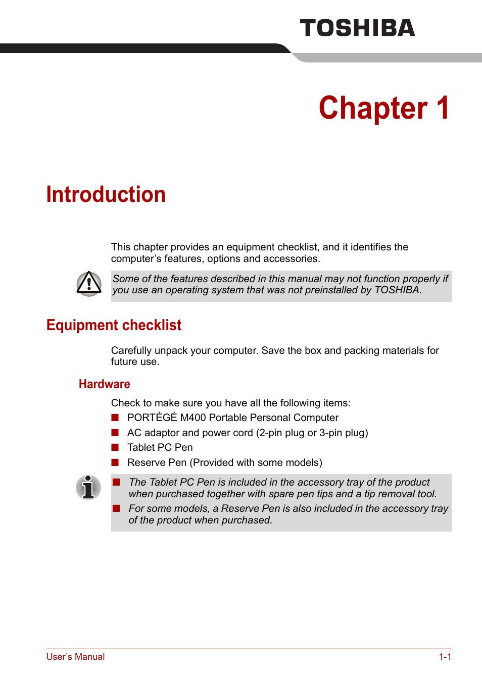 Chapter 1: introduction, Equipment checklist, Introduction | Chapter 1, Equipment checklist -1 | Toshiba PORTEGE M400 User Manual | Page 17 / 255