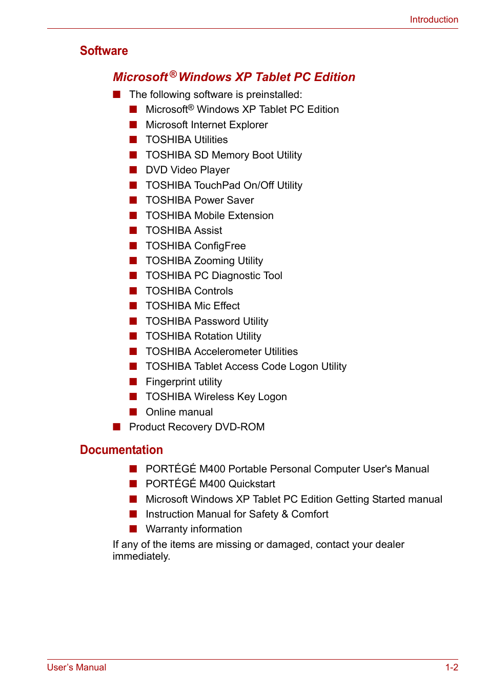 Software, Documentation | Toshiba PORTEGE M400 User Manual | Page 18 / 255