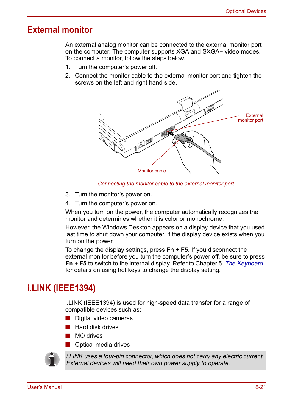 External monitor, I.link (ieee1394), External monitor -21 i.link (ieee1394) -21 | Toshiba PORTEGE M400 User Manual | Page 182 / 255