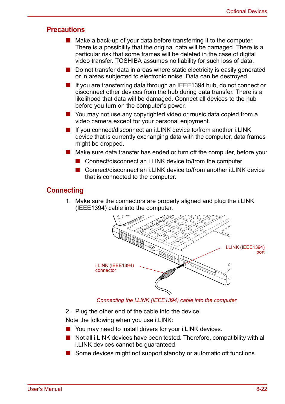 Precautions, Connecting | Toshiba PORTEGE M400 User Manual | Page 183 / 255