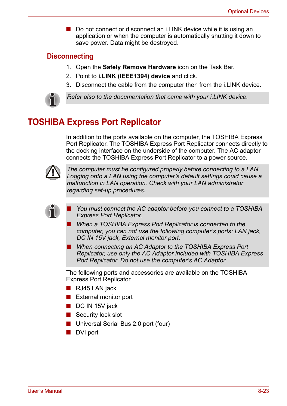 Toshiba express port replicator, Toshiba express port replicator -23, Disconnecting | Toshiba PORTEGE M400 User Manual | Page 184 / 255