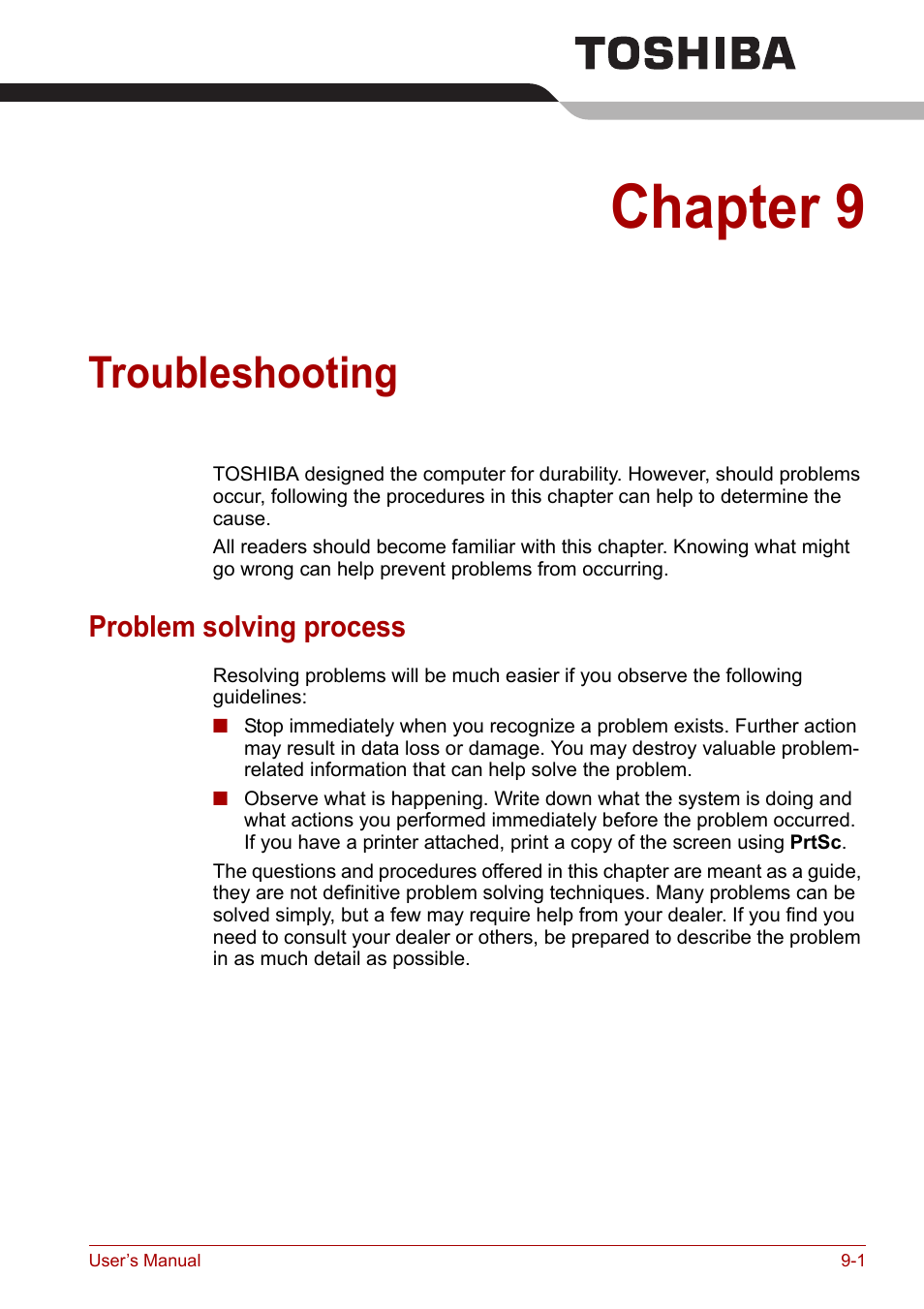 Chapter 9: troubleshooting, Problem solving process, Troubleshooting | Chapter 9, Problem solving process -1 | Toshiba PORTEGE M400 User Manual | Page 186 / 255