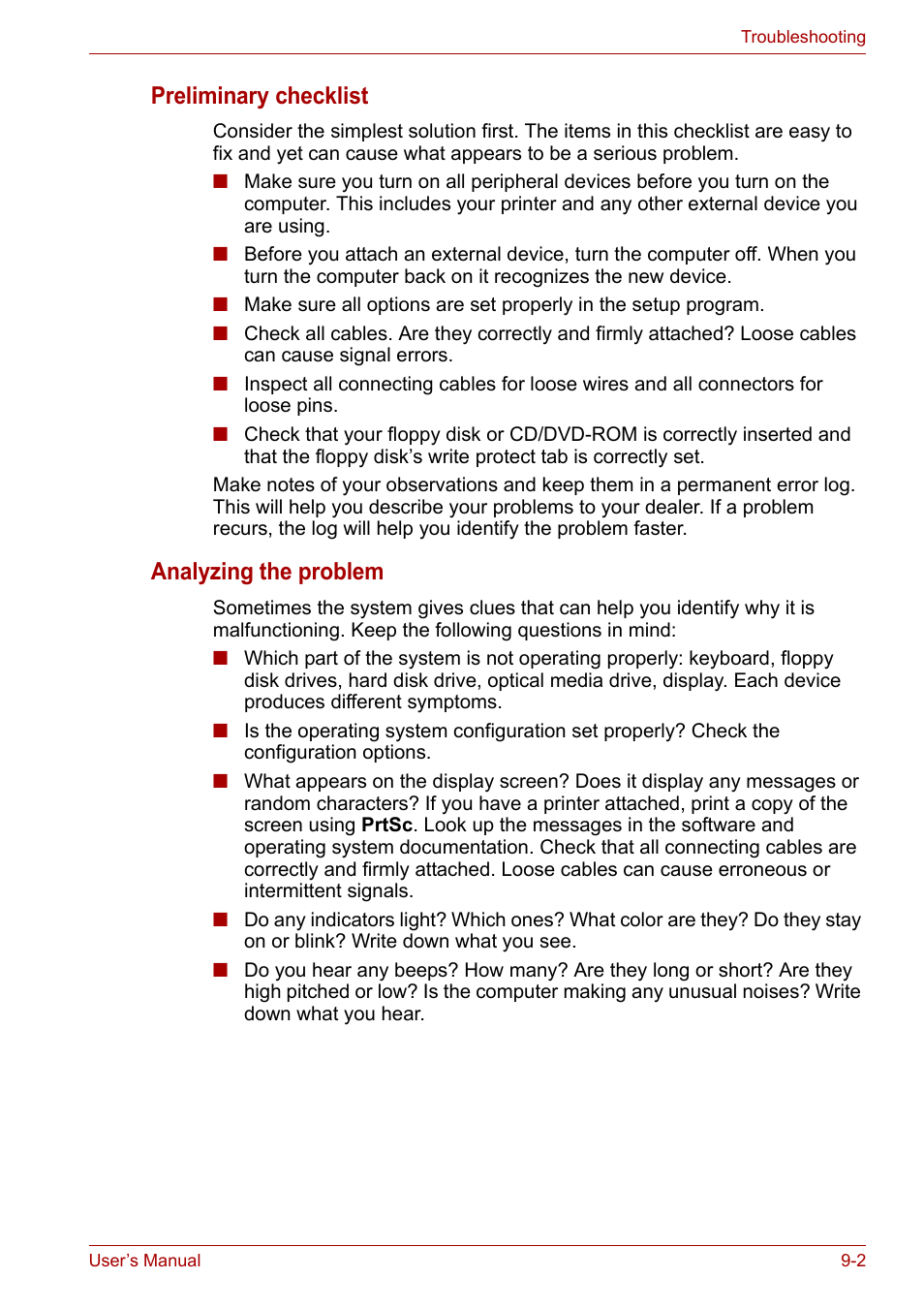 Preliminary checklist, Analyzing the problem | Toshiba PORTEGE M400 User Manual | Page 187 / 255