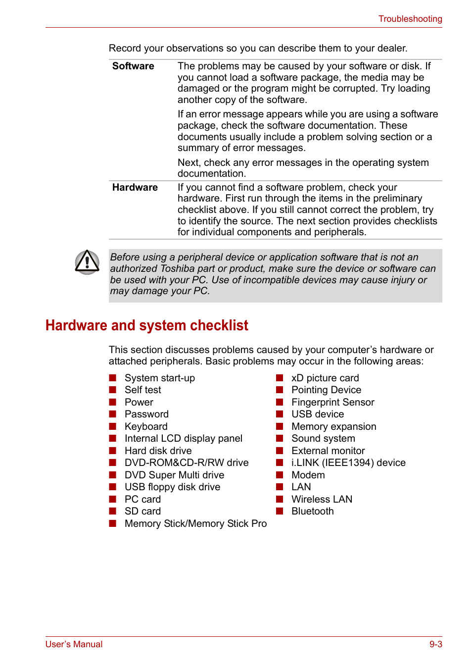 Hardware and system checklist, Hardware and system checklist -3 | Toshiba PORTEGE M400 User Manual | Page 188 / 255