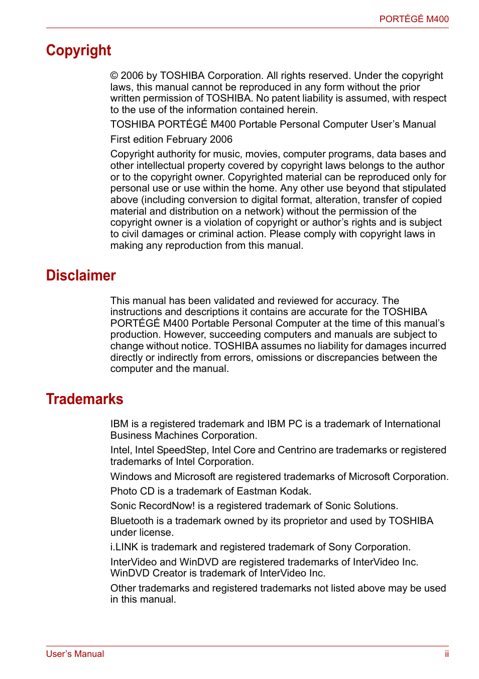 Copyright, Disclaimer, Trademarks | Toshiba PORTEGE M400 User Manual | Page 2 / 255