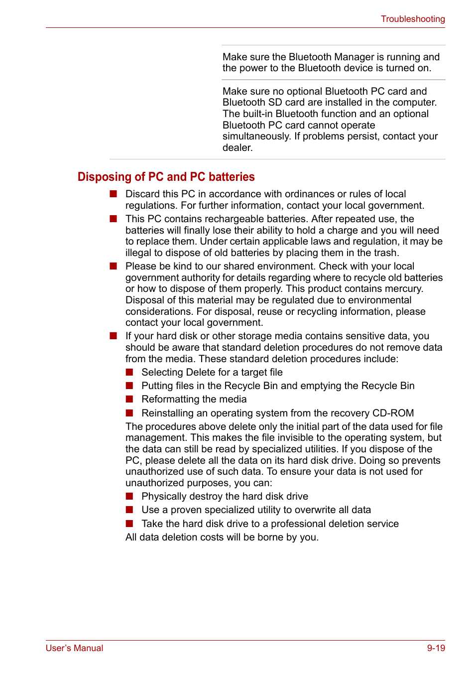 Disposing of pc and pc batteries | Toshiba PORTEGE M400 User Manual | Page 204 / 255