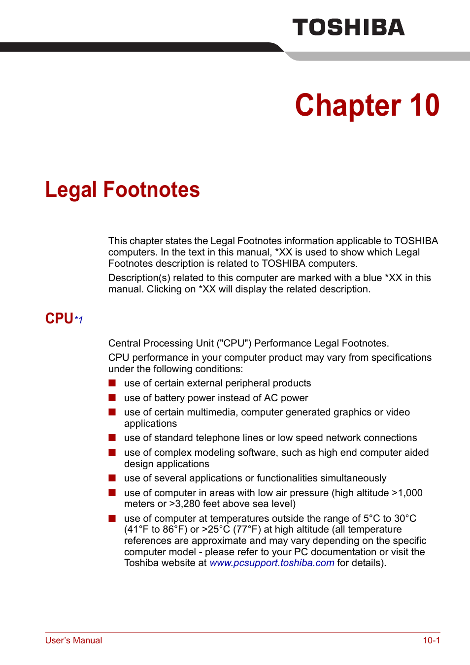 Chapter 10: legal footnotes, Cpu*1, Legal footnotes | Provid, Chapter 10, Legal footnote (cpu) | Toshiba PORTEGE M400 User Manual | Page 206 / 255