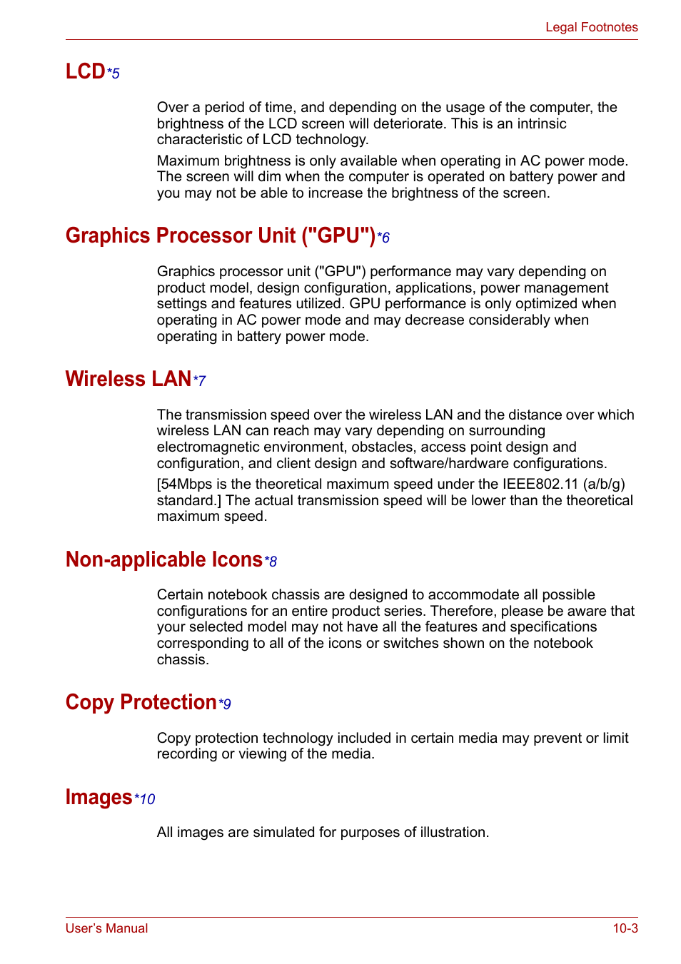 Lcd*5, Graphics processor unit ("gpu")*6, Wireless lan*7 | Non-applicable icons*8, Copy protection*9, Images*10, Graphics processor unit ("gpu"), Wireless lan, Non-applicable icons, Copy protection | Toshiba PORTEGE M400 User Manual | Page 208 / 255