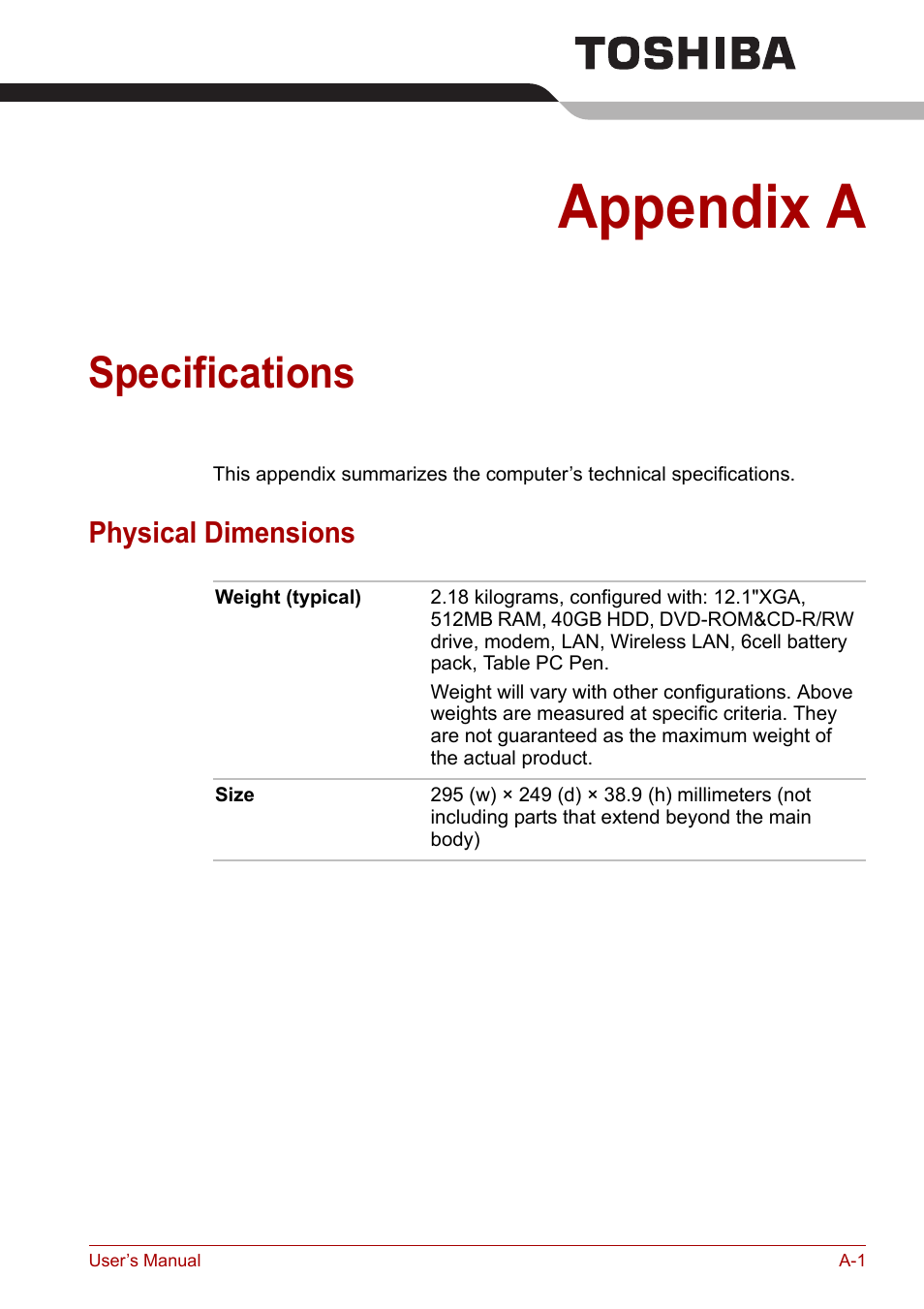 Appendix a: specifications, Physical dimensions, Appendixes | Appendix a, Specifications | Toshiba PORTEGE M400 User Manual | Page 209 / 255