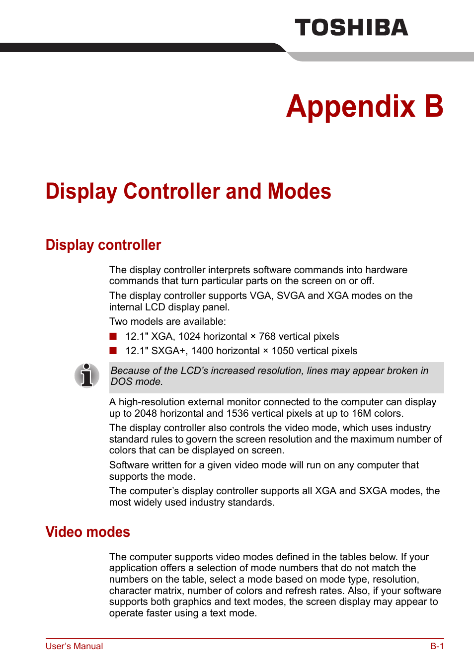 Appendix b: display controller and modes, Display controller, Video modes | Appendix b, Display controller and modes, Display controller and, Modes, And modes, Section | Toshiba PORTEGE M400 User Manual | Page 212 / 255