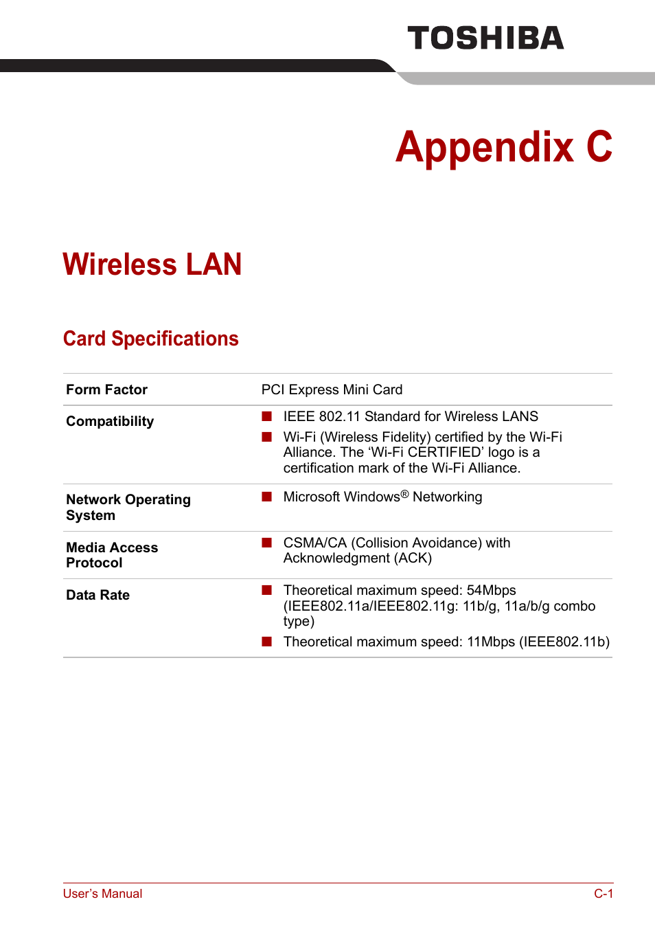 Appendix c: wireless lan, Card specifications, Appendix c | Wireless lan | Toshiba PORTEGE M400 User Manual | Page 221 / 255