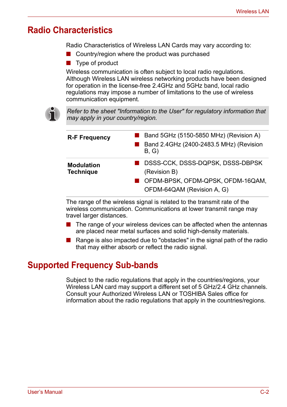 Radio characteristics, Supported frequency sub-bands | Toshiba PORTEGE M400 User Manual | Page 222 / 255