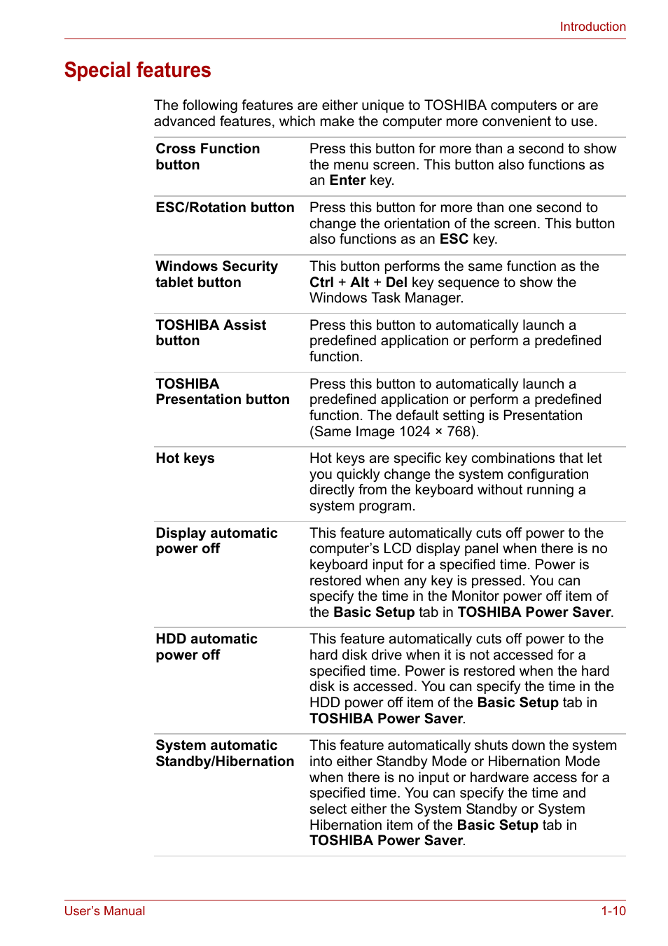 Special features, Special features -10 | Toshiba PORTEGE M400 User Manual | Page 26 / 255