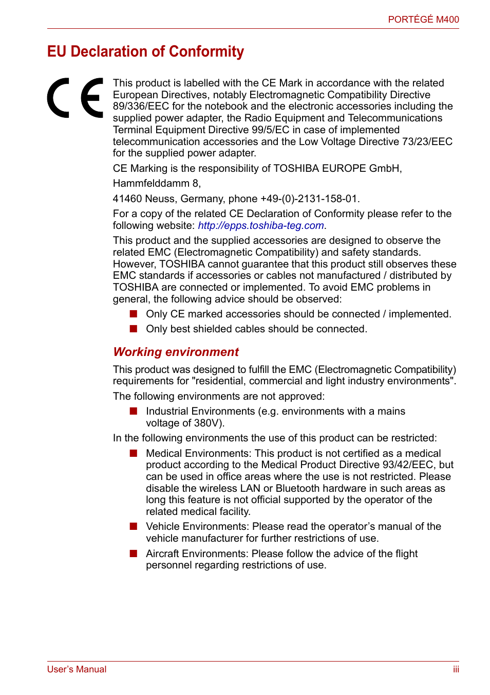 Eu declaration of conformity | Toshiba PORTEGE M400 User Manual | Page 3 / 255