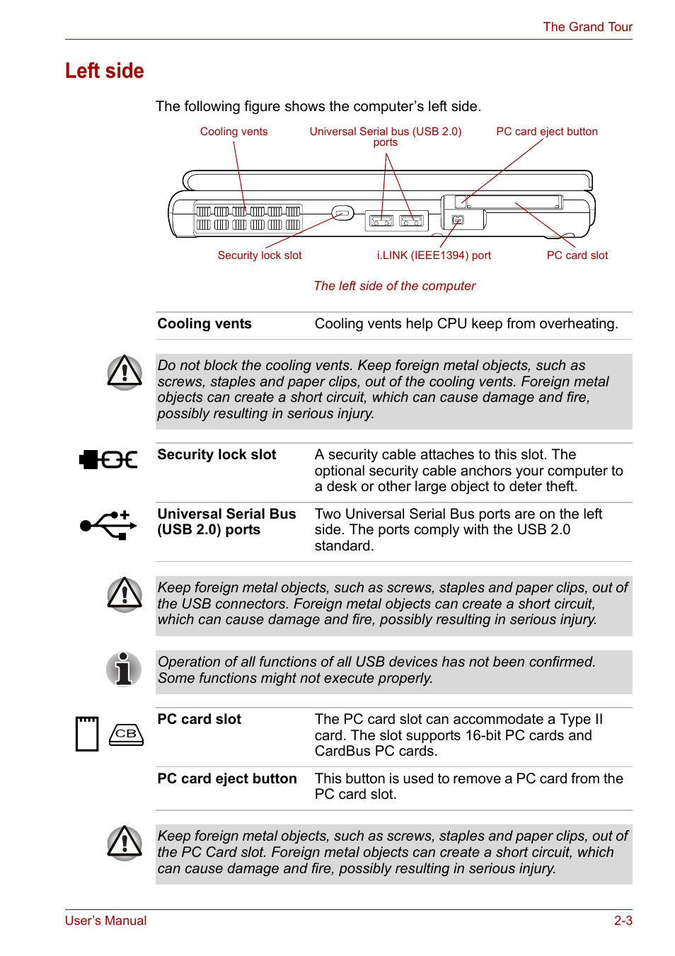 Left side, Left side -3 | Toshiba PORTEGE M400 User Manual | Page 38 / 255