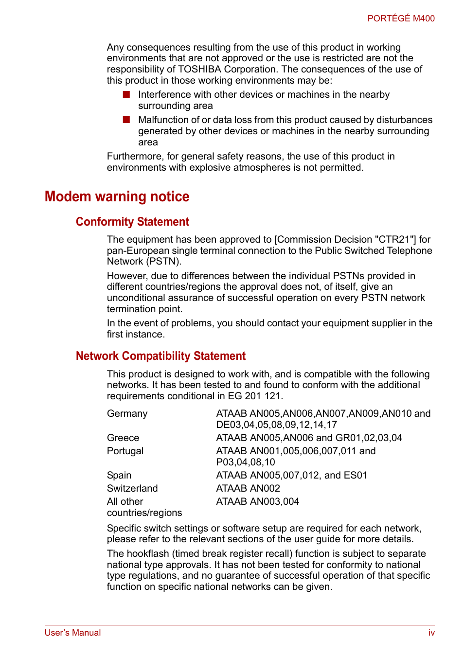 Modem warning notice, Conformity statement, Network compatibility statement | Toshiba PORTEGE M400 User Manual | Page 4 / 255