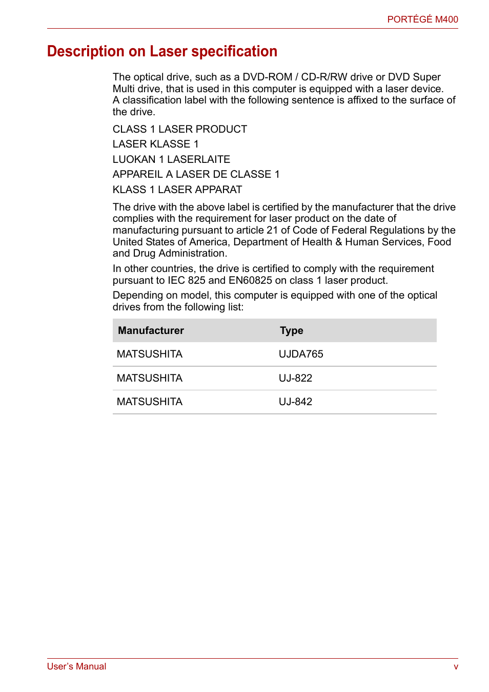 Description on laser specification | Toshiba PORTEGE M400 User Manual | Page 5 / 255