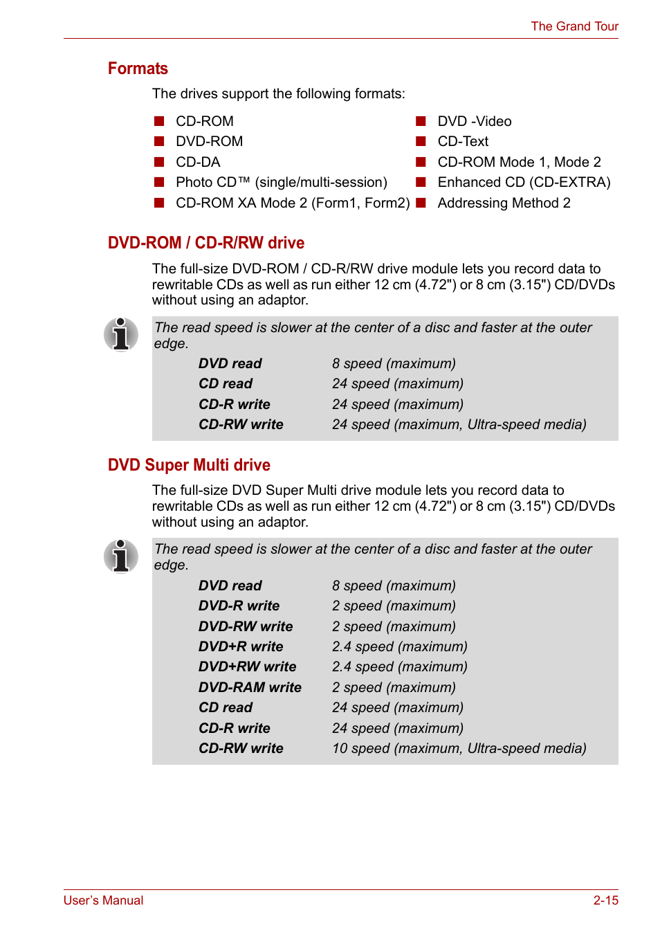 Formats, Dvd-rom / cd-r/rw drive, Dvd super multi drive | Toshiba PORTEGE M400 User Manual | Page 50 / 255