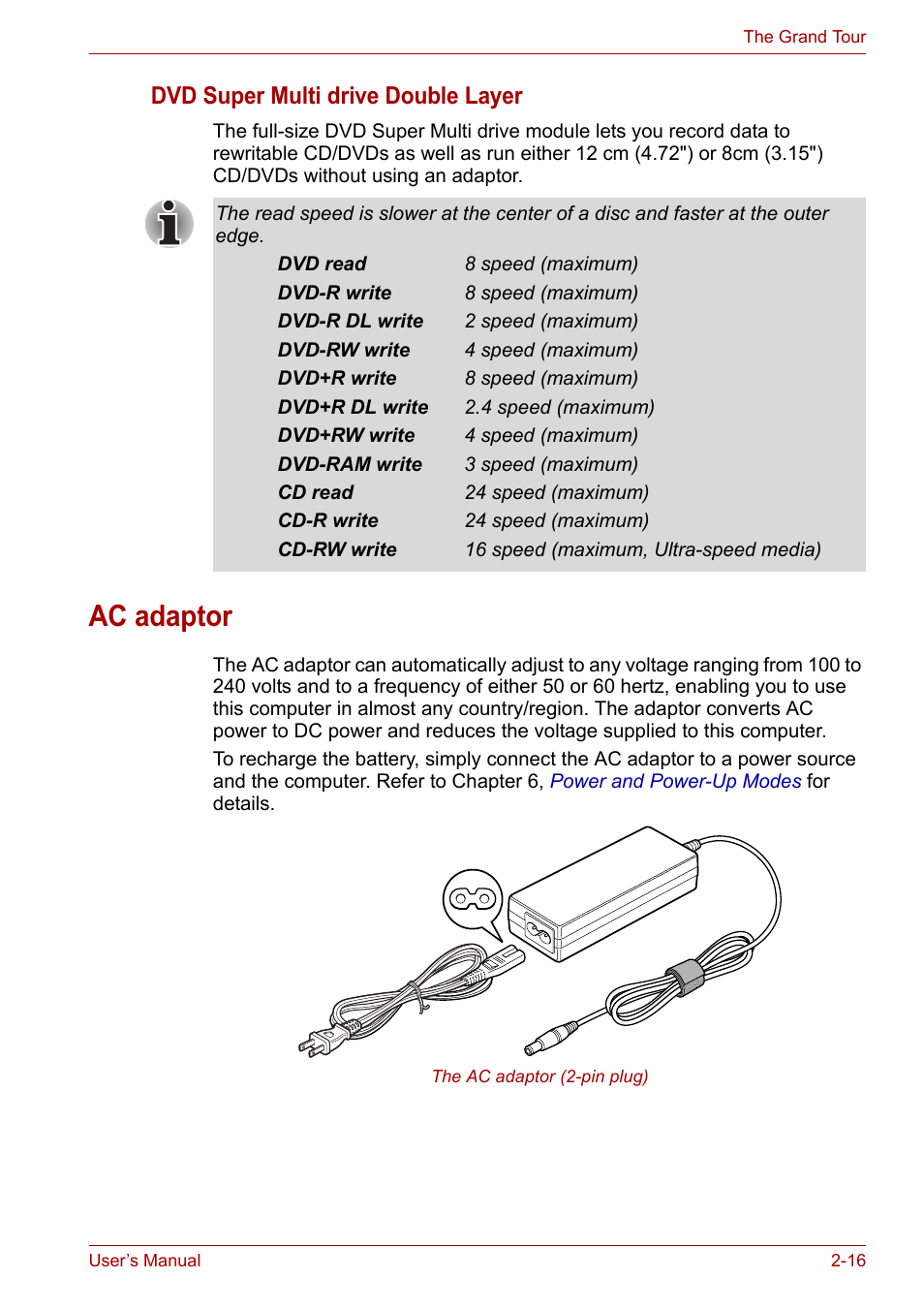 Ac adaptor, Ac adaptor -16, To the | Section in, Dvd super multi drive double layer | Toshiba PORTEGE M400 User Manual | Page 51 / 255