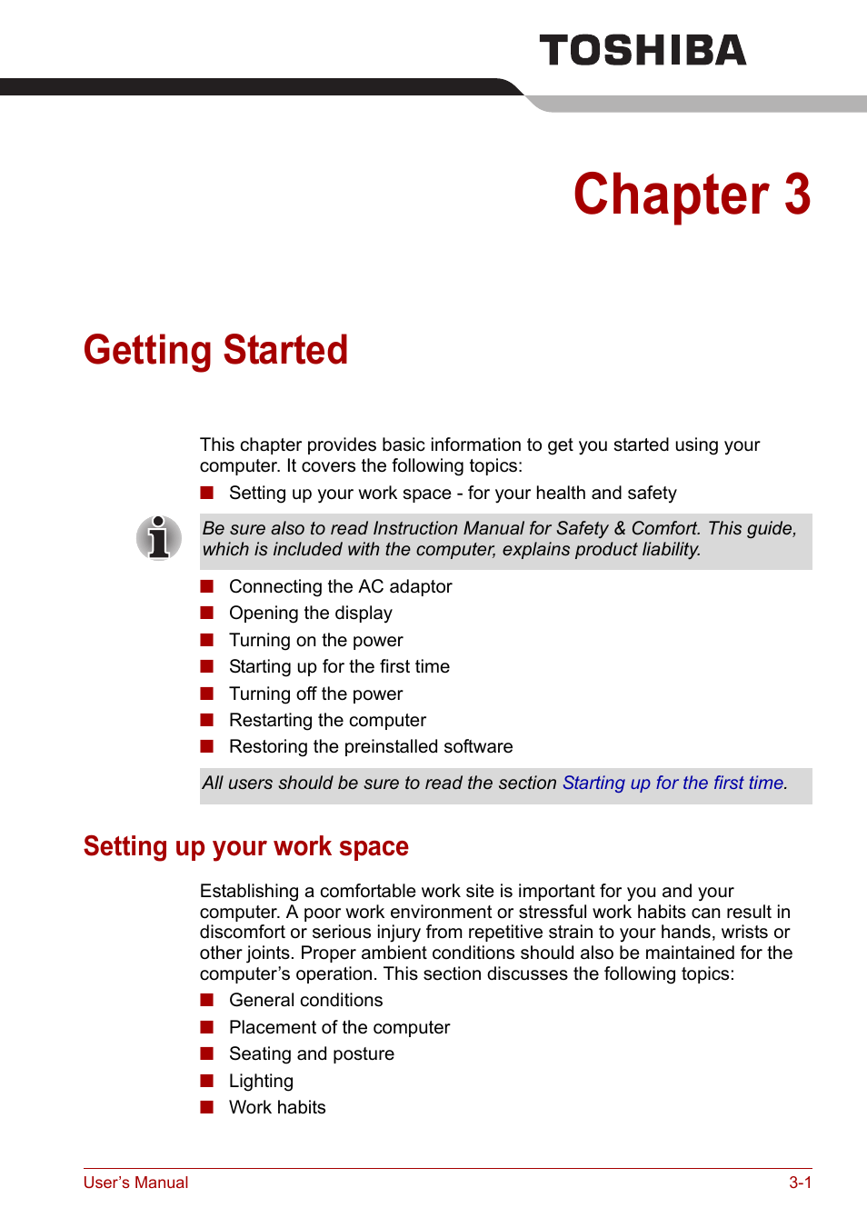 Chapter 3: getting started, Setting up your work space, Getting started | Provi, Chapter 3, Setting up your work space -1 | Toshiba PORTEGE M400 User Manual | Page 53 / 255