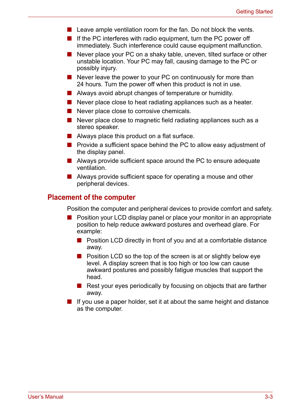 Placement of the computer | Toshiba PORTEGE M400 User Manual | Page 55 / 255