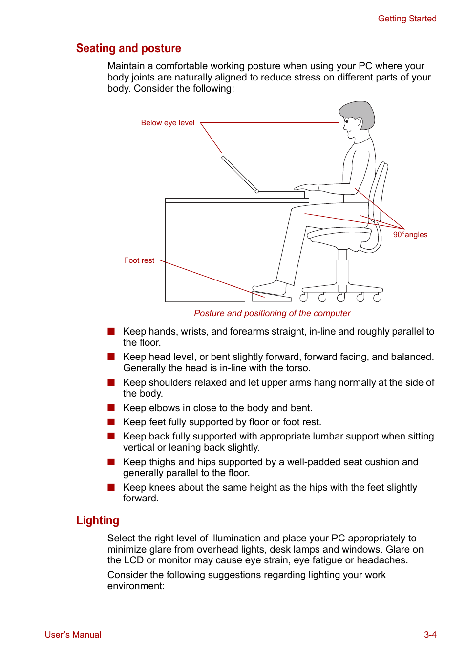 Seating and posture, Lighting | Toshiba PORTEGE M400 User Manual | Page 56 / 255