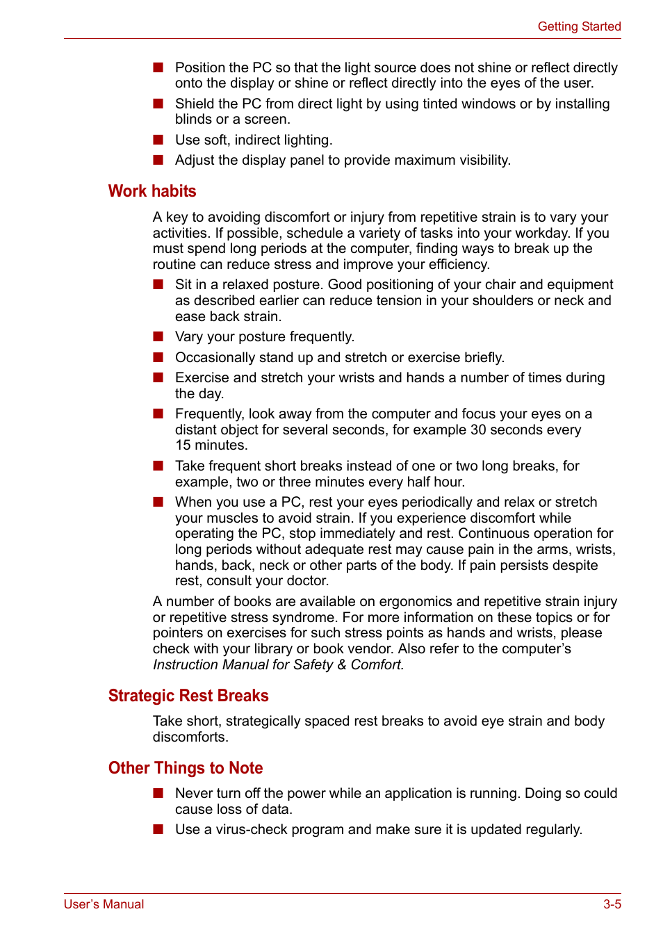 Work habits, Strategic rest breaks | Toshiba PORTEGE M400 User Manual | Page 57 / 255