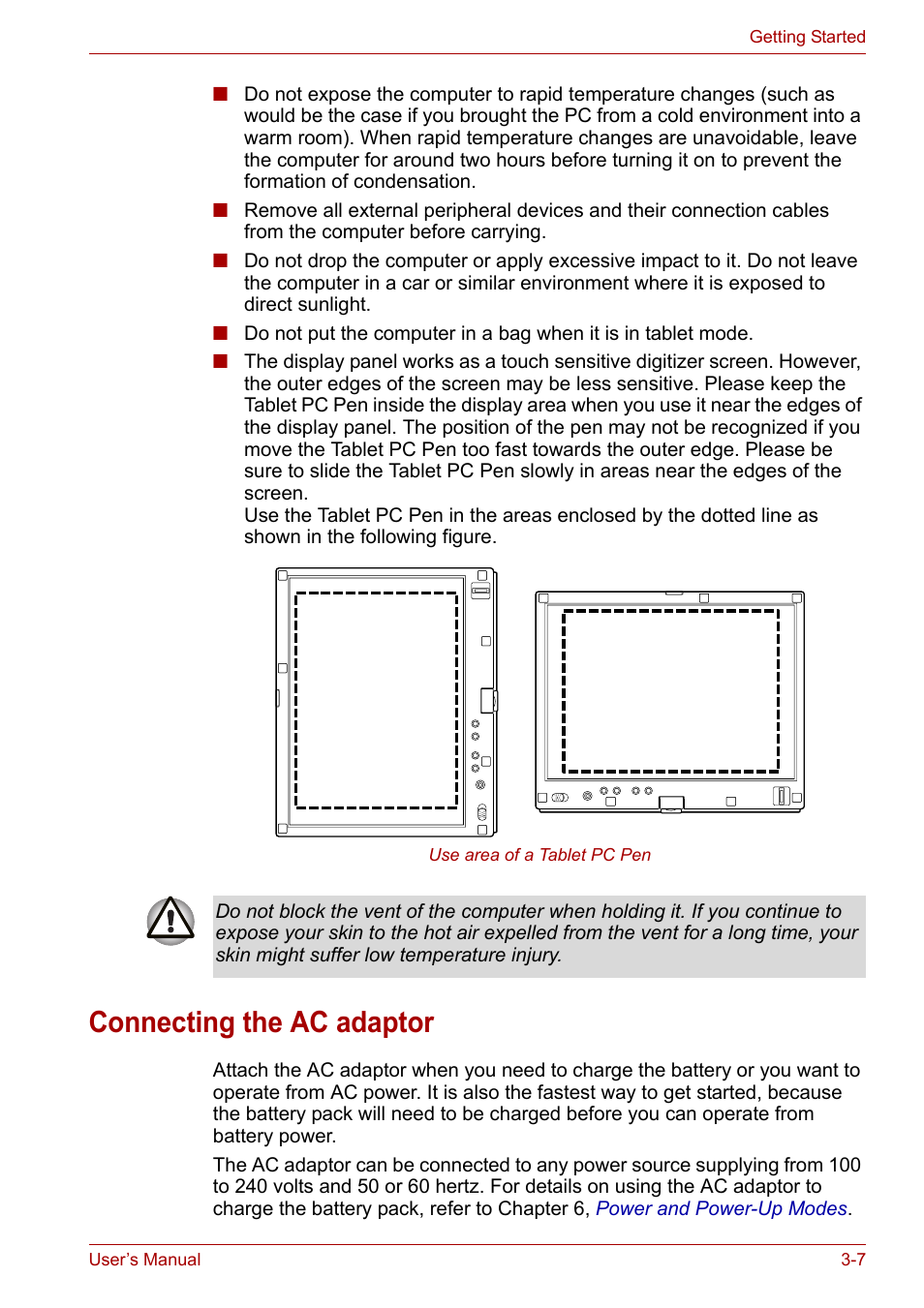 Connecting the ac adaptor, Connecting the ac adaptor -7 | Toshiba PORTEGE M400 User Manual | Page 59 / 255