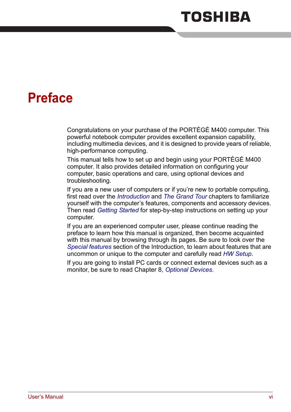 Preface | Toshiba PORTEGE M400 User Manual | Page 6 / 255