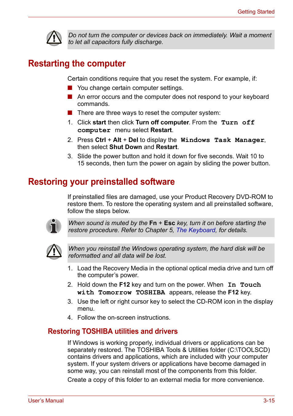 Restarting the computer, Restoring your preinstalled software | Toshiba PORTEGE M400 User Manual | Page 67 / 255