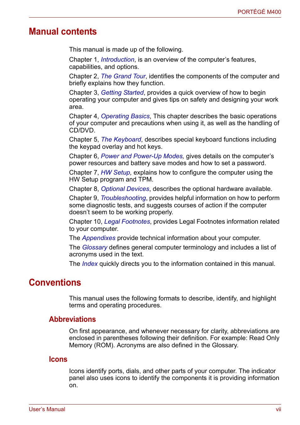 Manual contents, Conventions, Abbreviations | Icons | Toshiba PORTEGE M400 User Manual | Page 7 / 255