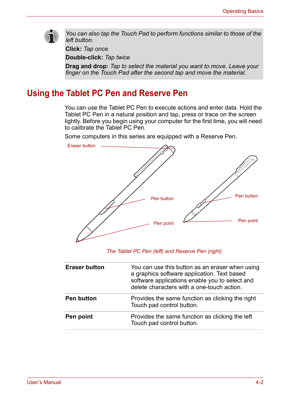 Using the tablet pc pen and reserve pen, Using the tablet pc pen and reserve pen -2, En. refer to the | Using, The tablet pc pen and reserve pen, Using the, Tablet pc pen and reserve pen | Toshiba PORTEGE M400 User Manual | Page 70 / 255