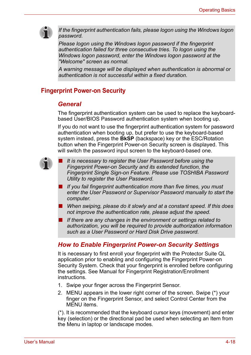 Fingerprint power-on security | Toshiba PORTEGE M400 User Manual | Page 86 / 255