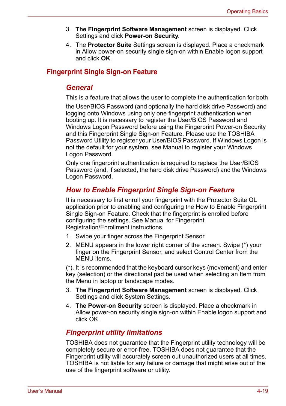 Fingerprint single sign-on feature | Toshiba PORTEGE M400 User Manual | Page 87 / 255