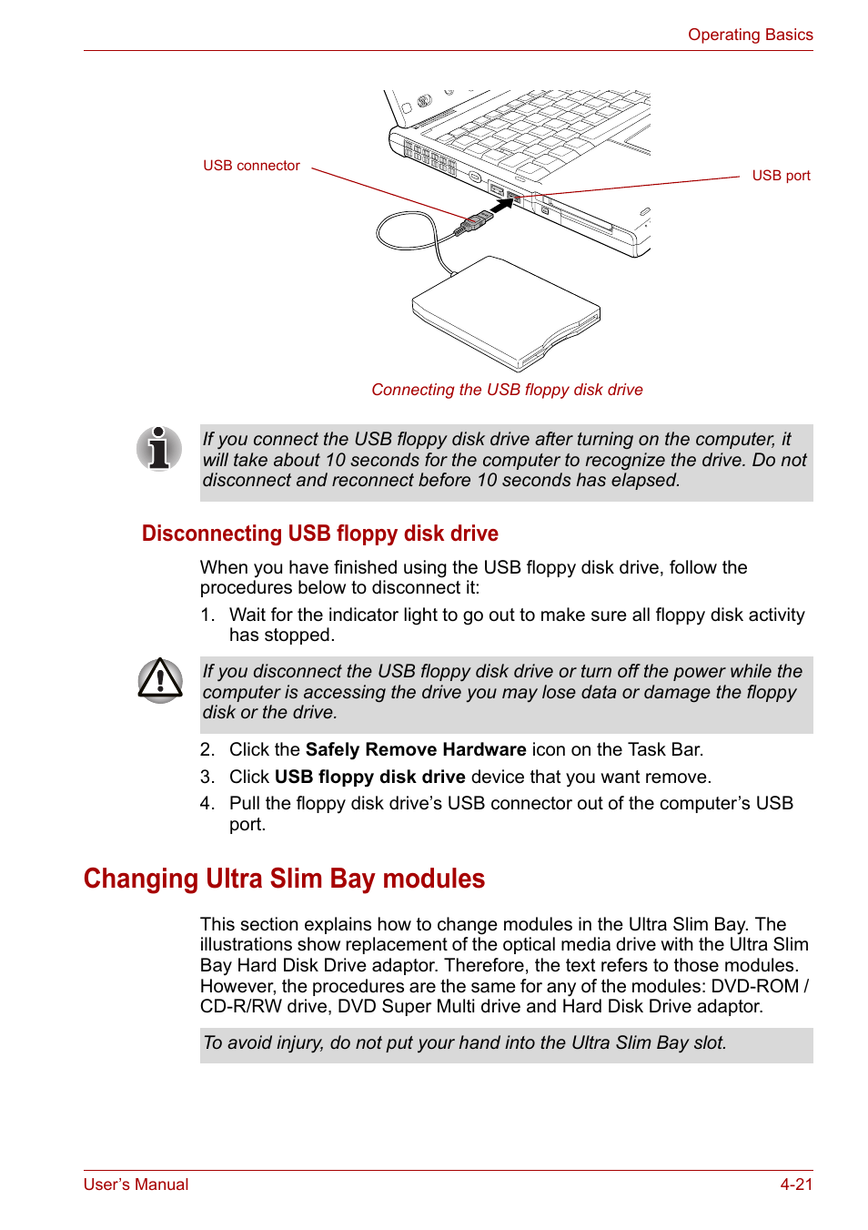 Changing ultra slim bay modules, Changing ultra slim bay modules -21, Disconnecting usb floppy disk drive | Toshiba PORTEGE M400 User Manual | Page 89 / 255